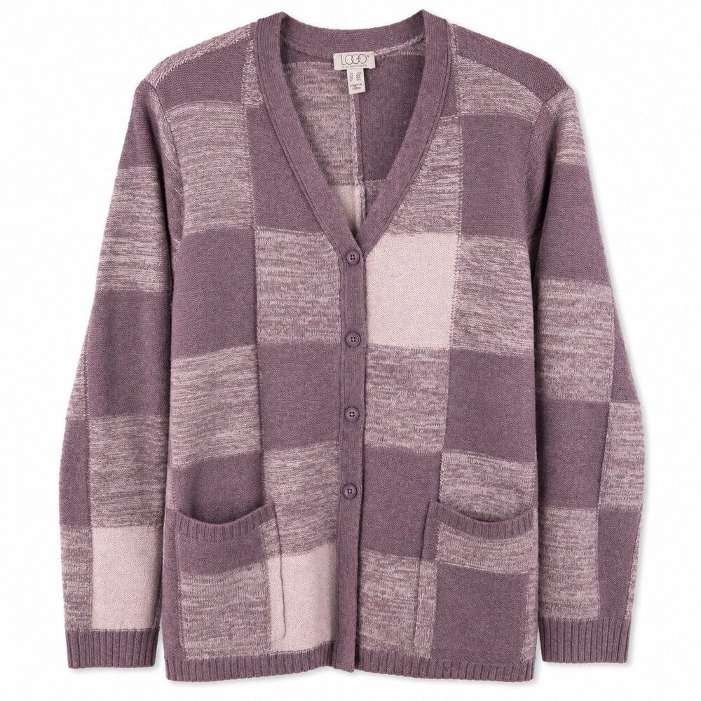 LOGO Lori Goldstein Cardigan Sweater Women 1X Purple Colorblock Button Front
